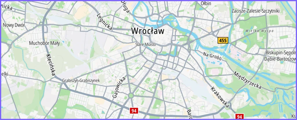 Mapa Wrocławia w serwisie Google z drogami i ulicami w jaskrawych kolorach
